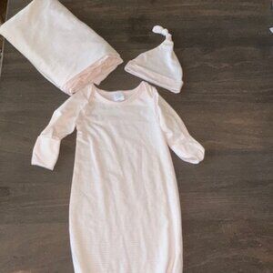 Nice Pink/White Stripe Layette Set- Blanket, Gown, Cap
